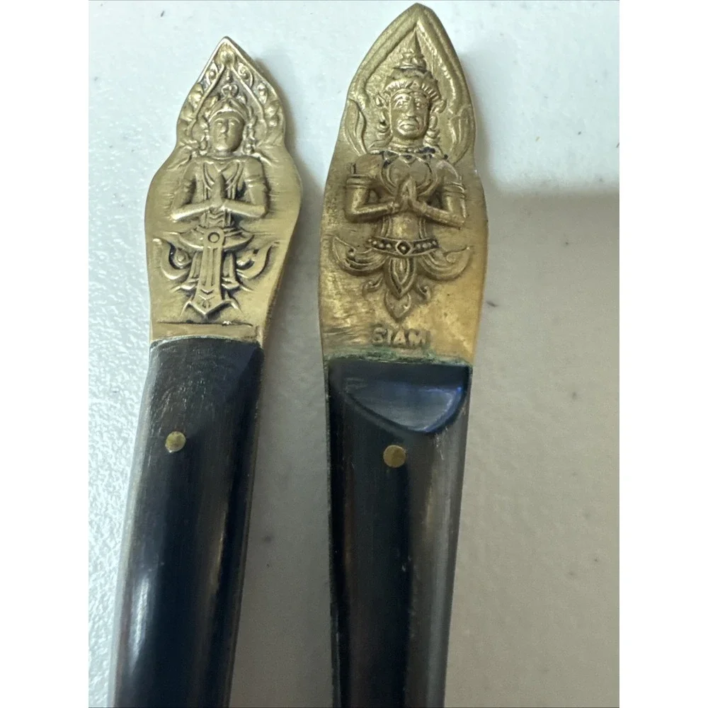 Siam Thailand Praying Buddha Brass Wood Fork Knife‎ 6
